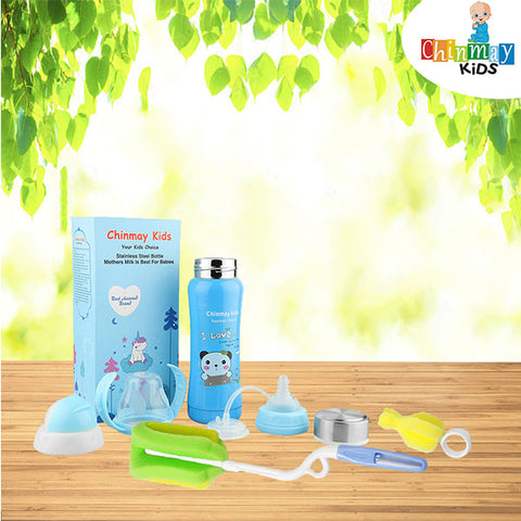 Chinmay Kids Multifunctional Stainless Steel Feeding Bottle With Bottle Cleaning Sponge Brush 180 ml Blue & Green