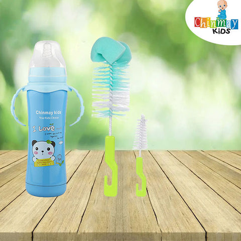 Chinmay Kids Multifunctional Stainless Steel Feeding Bottle With Bottle Cleaning Sponge Brush 180 ml Blue & Green