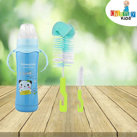 Chinmay Kids Multifunctional Stainless Steel Feeding Bottle With Bottle Cleaning Sponge Brush - 180 ml (Blue & Yellow)