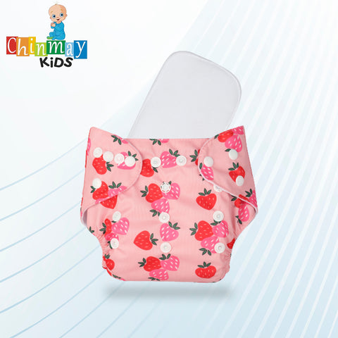 Chinmay Kids Cloth Diaper- Cute Prints, Freesize, Reusable, Washable, Adjustable Snap Buttons Cloth Diaper For Babies (0-36 Months Newborn) With Wet-Free Insert Pads/ Leak Proof & Dry Feel Pink Strawberry