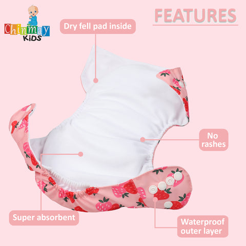 Chinmay Kids Cloth Diaper- Cute Prints, Freesize, Reusable, Washable, Adjustable Snap Buttons Cloth Diaper For Babies (0-36 Months Newborn) With Wet-Free Insert Pads/ Leak Proof & Dry Feel Pink Strawberry