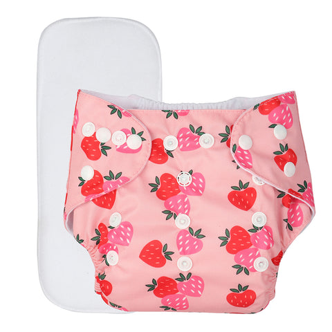 Chinmay Kids Cloth Diaper- Cute Prints, Freesize, Reusable, Washable, Adjustable Snap Buttons Cloth Diaper For Babies (0-36 Months Newborn) With Wet-Free Insert Pads/ Leak Proof & Dry Feel Pink Strawberry