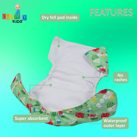 Chinmay Kids Cloth Diaper- Cute Prints, Freesize, Reusable, Washable, Adjustable Snap Buttons Cloth Diaper For Babies (0-36 Months Newborn) With Wet-Free Insert Pads/ Leak Proof & Dry Feel