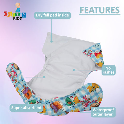 Chinmay Kids Cloth Diaper- Cute Prints, Freesize, Reusable, Washable, Adjustable Snap Buttons Cloth Diaper For Babies (0-36 Months Newborn) With Wet-Free Insert Pads/ Leak Proof & Dry Feel