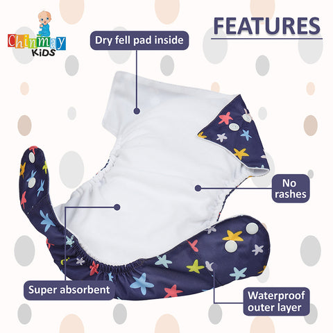 Chinmay Kids Cloth Diaper- Cute Prints, Freesize, Reusable, Washable, Adjustable Snap Buttons Cloth Diaper For Babies (0-36 Months Newborn) With Wet-Free Insert Pads/ Leak Proof & Dry Feel