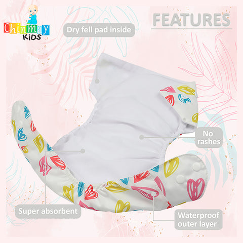 Chinmay Kids Cloth Diaper- Cute Prints, Freesize, Reusable, Washable, Adjustable Snap Buttons Cloth Diaper For Babies (0-36 Months Newborn) With Wet-Free Insert Pads/ Leak Proof & Dry Feel