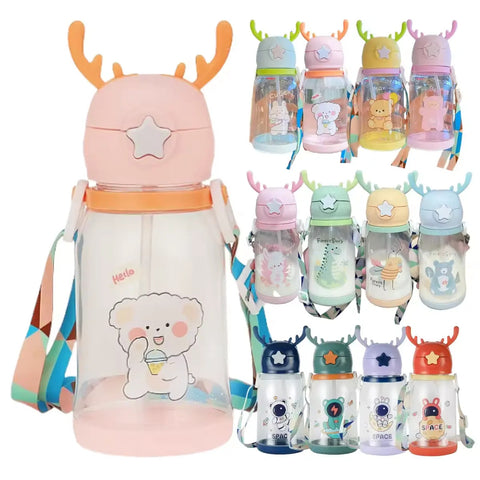 Chinmay Kids Cartoon Design Straw Plastic Sipper Water Bottle for Kids & Toddlers (600ML)