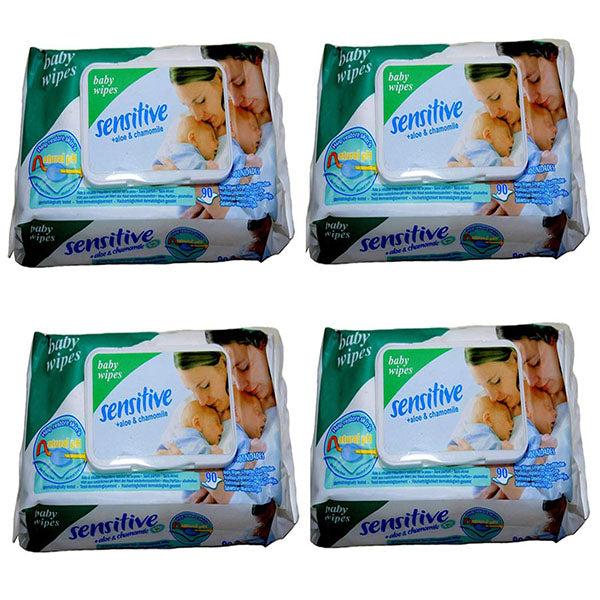 Chinmay Kids Sensitive Baby Cotton Wipes with Flip Top Soft Cleansing Anti Bacterial Travel Pack Parabeen Free + Aloe and Chamomile with 90 Wipes in 1 Pack - Set of 4