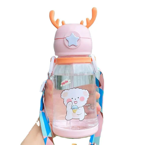 Chinmay Kids Cartoon Design Straw Plastic Sipper Water Bottle for Kids & Toddlers (600ML)