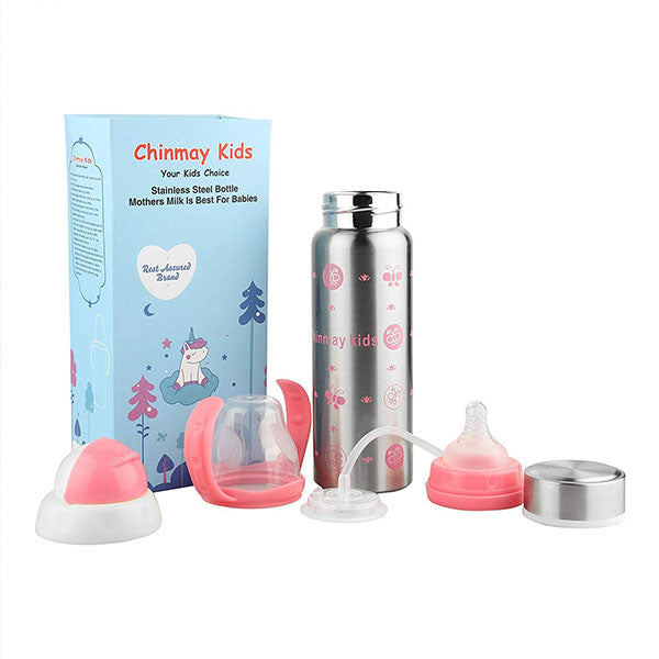 Chinmay Kids Thermal Insulation Stainless Steel Toddler/New-Born Baby Feeding Bottle Multifunctional with Amazing Printed Design and Shape | BPA Free | 240 ml Capacity ( Pink )