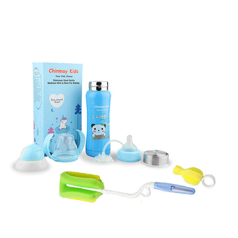 Chinmay Kids Multifunctional Stainless Steel Feeding Bottle With Bottle Cleaning Sponge Brush 180 ml Blue & Green